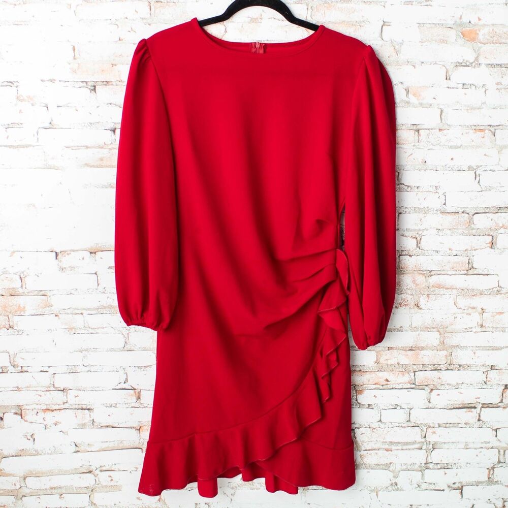 Women's Red Ruffle Wrap Style Midi Dress Long Sleeve Size Medium Cocktail